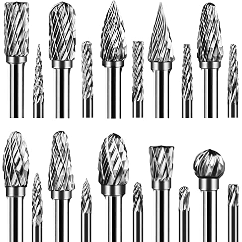 Hakkin 20PCS Double Cut Tungsten Carbide Rotary Burr Set for Dremel Accessory 1/8” Shank Wood Carving Bits for Rotary Tool Carving Tools for Grinder Drill, DIY Woodworking, Metal Polishing, Engraving
