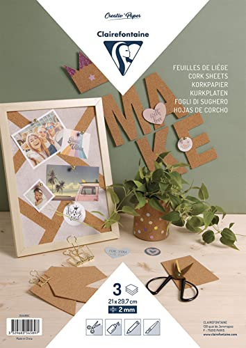 Clairefontaine 354589C - Packung mit 3 Blatt Korkpapier, DIN A4, 21x29,7cm, 2mm Stärke, Cremeweiß, 1 Pack