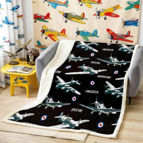 Loussiesd Plane Fleece Blanket for Chair Sofa Aircraft Runway Decoration Modern Sherpa Blanket Ultra Soft Microfiber Cool Aviation Fuzzy Blanket Single 50x60 Inch