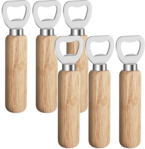6 Stück Flaschenöffner Holz, Edelstahl Bieröffner Personalisierter Bottle Opener Kapselheber Holzgriff Gravierbar für Küche Bar Camping (Holzfarbe)