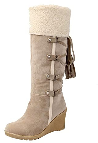 Susenstone Bottes à Talons Compensés Femmes Mi-mollet Casual Daim Large Mollet À Lacets Pompon Doublé De Fourrure Chaussures De Neige Bottes De Combat D'hiver Chaud Cowgirl Bottes Chaussures Western