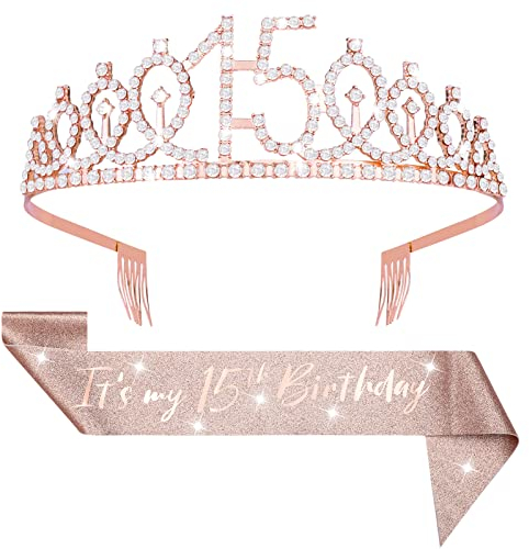 Abeillo Couronne d'anniversaire 15 ans - Pour fille de 15 ans - Couronne et écharpe - It's My 15e anniversaire - Couronne pour 15 ans - Cadeau d'anniversaire - Décoration d'anniversaire