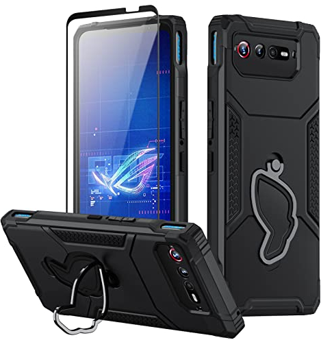 Fanbiya Hülle für ROG Phone 7 7 Ultimate Handyhülle TPU Militär Stil Abdeckung mit Ringständer Schwarz