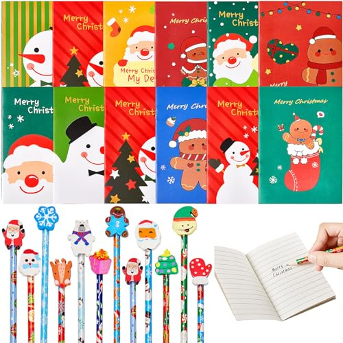 Tenare 24 Pezzi Matite di Natale con Topper di Gomma 24 Pezzi Mini Taccuini Natalizi con Pupazzo di Neve Babbo Natale Quaderno di Natale per Bomboniere per Feste Scolastiche Regali di Cancelleria