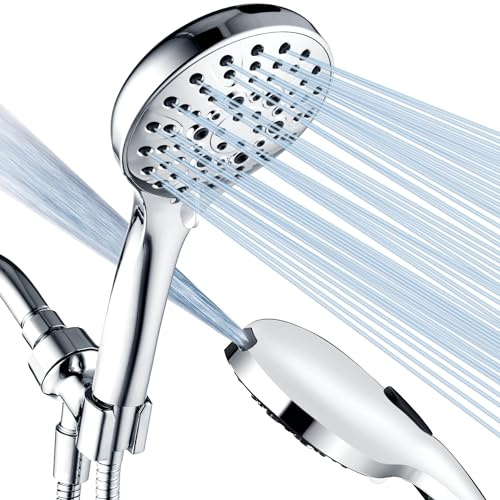 LJUS SHOWERS Högtrycksduschhuvud med handhållen, 9 sprayinställningar duschhuvud inbyggt strömtvätt för att rengöra badkar och husdjur, extra lång 175 cm slang, justerbar fäste, krom