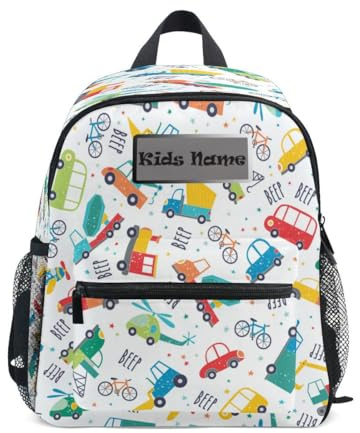 HMZXZ mochila personalizada para niñas y niños, linda mochila con diseño de coche y autobús, mochila escolar con nombre y texto multicolor