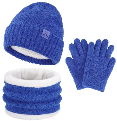 Enfant Garçon Fille Hiver Chapeau Bonnet Echarpe Gants Ensemble 4 5 6 7 8 Ans Polaire Bonnets Pom Casquette Cache Cou Gant Cadeaux pour Filles Garçons
