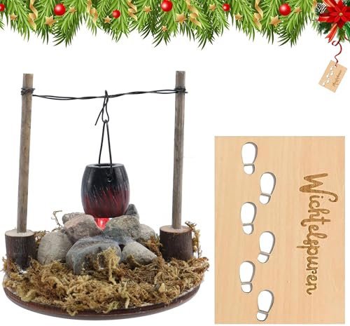 NAMIS Accessorio per Gnomo di Natale, focolare con Vaso da Appendere, Mini falò con LED, Impronte di Gnomo, Stencil Fai da Te, Decorazione Natalizia falò, presepe Natale