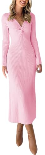 Gediffwer Women's Fall Sweater Dress Classic Versatile Front Twist V Neck Bodycon Knit Midi Dress Pink