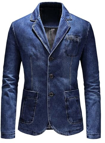Giacca da uomo in denim, slim fit, con 3 bottoni, blazer casual per affari e tempo libero, con tasche multiple, stile vintage, giacca jeans classica e comoda, Blu 2., M