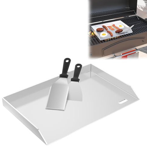 LZQ Plancha de acero inoxidable 30 x 45 x 4 cm | Plancha de acero inoxidable para parrillas de gas y carbón vegetal | 4 mm de grosor | Accesorios para barbacoa | Incluye espátula y bandeja colectora