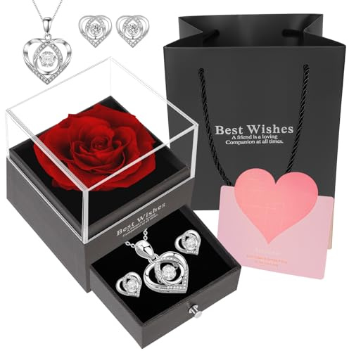 SUPRBIRD Rosa Eterna,Rosa Eterna Natural Preservada, Collar y Pendientes, Caja de Rosas Infinita, para Navidad, día de San Valentín, Aniversario, Matrimonio, Esposa, Abuela