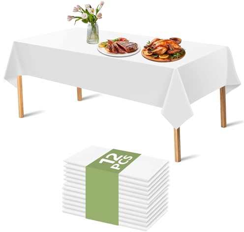 APKOL 12 st 137 x 274 cm engångsduk PEVA bordsduk vit förtjockning fläckbeständig vattentät för buffébord, fest, middag, bröllop, födelsedag, vit