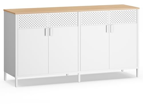 SONGMICS Aufbewahrungsschrank, Metallschrank, mit 4 Türen, Magnetverschluss, Verstellbarer Einlegeboden, Stahlgestell, 40 x 141 x 76 cm, wolkenweiß-eichenbeige LSC205WC01