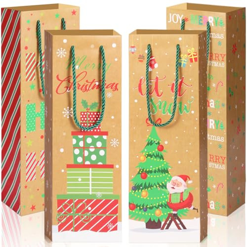 Jul vinflaskpåsar, 12 st julpapper vinflaska presentpåsar med handtag i 4 designer för champagne- och vinflaskor, julklappar, födelsedagar och alla tillfällen