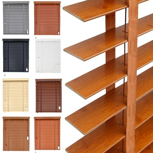 Wood Blinds for Indoor Custom Cordless Horizontal Window Shades Privacy Blackout Faux Venetian Wooden Blinds 2 inch Slats Room Darkening for Kitchen, Living Room, Bathroom, Office