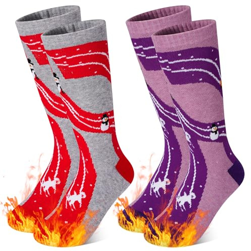 GRPSKCOS Calcetines de esquí de lana merino para niños, 2 pares de calcetines térmicos gruesos y cálidos para esquí, patinaje, snowboard, senderismo, 3-12 años, 02 morado y rojo, 3-6 Years