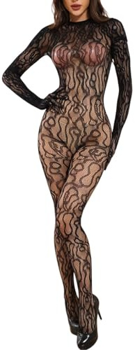 PARUPRUP Bodystocking Donna Sexy Leopardata a Maniche Lunghe Rete Trasparente Body Collant Pizzo Alze Intima Tuta Fishnet Bodysuit Un Pezzo Lingerie Calze a Corpo Intero per Feste Club Cosplay (nero4)