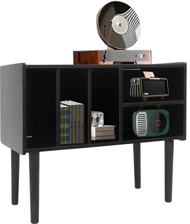 Vintage skivspelarstativ, skivspelarbord i trä med vinylförvaring, stort vinyl-displayhylla (svart)