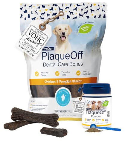 ProDen PlaqueOff Pack Polvo 60g y 13 Huesos para Perros Pollo y Calabaza | Reduce placa, sarro y mal aliento | Funciona a través de la saliva 24h | Pack con Huesos para perros | 6 meses de suministro