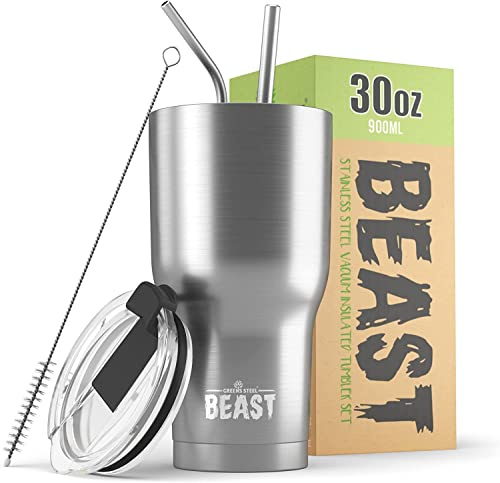 Greens Steel Beast Tumbler – 900 ml (30 oz), Plateada | Vaso de acero inoxidable reutilizable con aislamiento al vacío | con 2 pajitas y cepillo de limpieza | Termo de viaje de doble pared