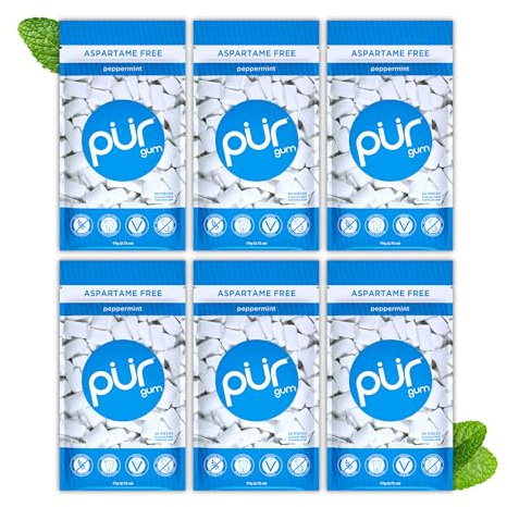 PUR Gum | Sugar Free Chewing Gum | Made with Xylitol | Vegan, Aspartame Free, Gluten Free and Keto Friendly | Natural Peppermint Flavoured Gum, 55 Pieces (Pack of 6)