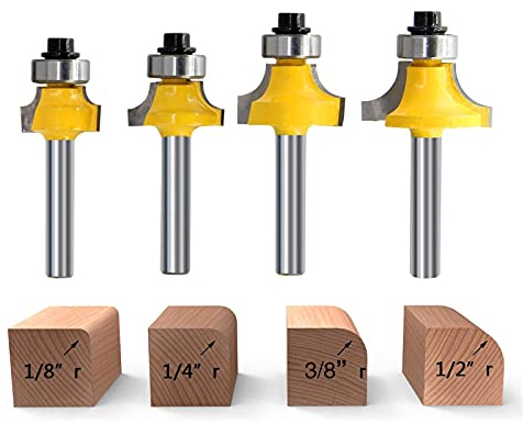 RKURCK 1/4 Shank Round Over Edging Router Bits Corner Rounding Edge Forming Edging Tool Set - 1/8” 1/4” 3/8” 1/2”Radius for Woodworking Milling Cutter 4 Pcs