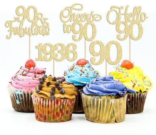 Gyufise 30Pcs 90th Birthday Cupcake Toppers 90 Fabulous Cupcake Picks Cheers to 90 1936 Cake Decorations for Happy 90th Birthday Wedding Anniversary Party Decoration Supplies Gold