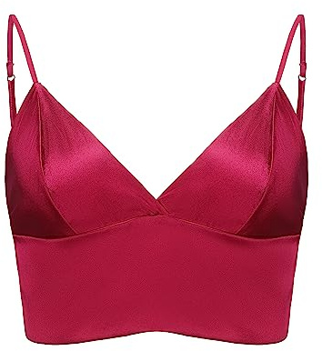SilRiver Bralette de satén de seda para mujer, brasier triangular con cuello en V profundo para adolescentes, brasier sin varillas, Violeta rosa, Medium