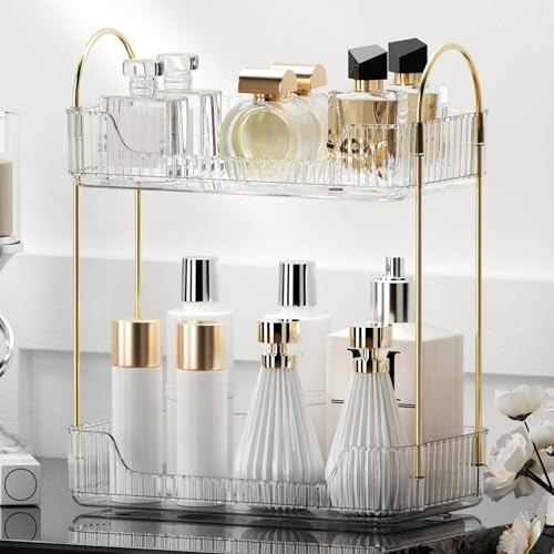 YCIA&DONE Bathroom Organizer Countertop, Makeup Storage, Skincare Cosmetic Tray Shelf, Perfume Holder Rack for Vanity Counter, Large Capacity, Easy to Install, Clean, 2 Tiers, Clear White