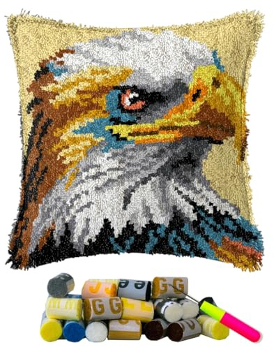 DL-YTG Latch Hook Kits Pillow Eagle Crochet Yarn Cushion Colour Pre-Printed Canvas Rug Needlework DIY Pillowcase Hook and Latch Kit Christmas Home Arts Crafts Sofa Decoration 42x42cm/17 X17