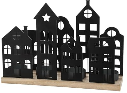 Photophore en métal noir - 25 x 18 cm - Silhouette de village de Noël avec supports pour 4 bougies chauffe-plat - Bougeoir décoratif de table de Noël pour bougies chauffe-plat - Ville de Noël Skyline