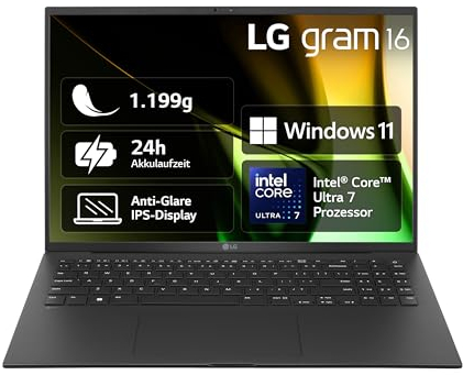 LG gram 16 Zoll Notebook - 1199g Intel Core Ultra7 Laptop (16GB RAM, 1TB Dual SSD, 24h Akkulaufzeit, IPS Panel Anti-Glare Display, Win 11 Home, 2024) - Schwarz
