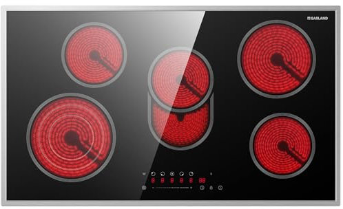 GASLAND CH905BF34B Piano cottura in vetroceramica indipendente, 90 cm piano cottura elettrico da incasso con cornice in acciaio inossidabile, 5 zone, piano cottura in ceramica con tripla zona, 8500 W
