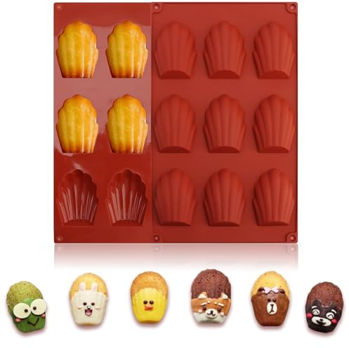YUEnAttente 2 Pezzi Stampo Madeleine, Stampo per Madeleine 9 Cavità Antiaderente, Stampi per Madeleines in Silicone per Cioccolato, Madeleine, Biscotti, Torte, Budino (Marrone)