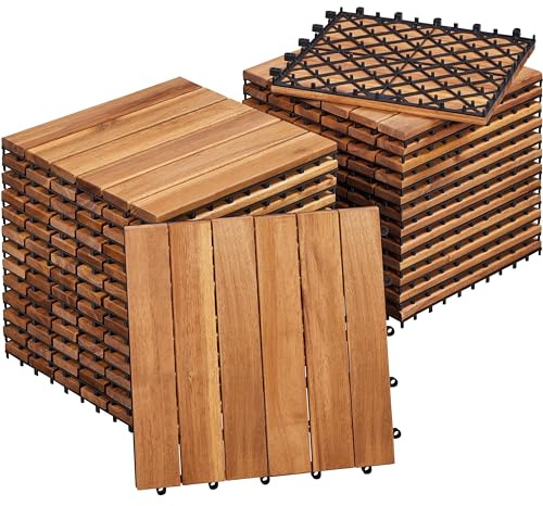 Yaheetech Caillebotis Bois Exterieur 27 PCS, Dalles de Terrasse en Bois 30 x 30 cm, Revêtement de Sol Extérieur Intérieur pour Terrasse et Balcon
