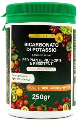 AGRI-CULTURA® | Bicarbonato di Potassio per Piante e Alberi da Frutto 250g | Nutriente Naturale Contro Funghi, Muffa, Bolla del Pesco e Oidio | Piante Più Forti e Resistenti | Misurino Incluso