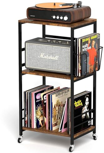 jxgzyy Vinyl Record Storage Holder With Wheels CD Player Rack Holds up to 200LP Album Holder Display Stand Vinyl Record LP Storage organizer Sturdy Metal Structure Smooth Black