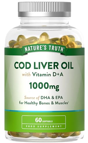 Cod Liver Oil Capsules High Strength | 1000mg | with Omega 3, Vitamin D and A | Providing DHA & EPA | 60 Softgels | Nature's Truth