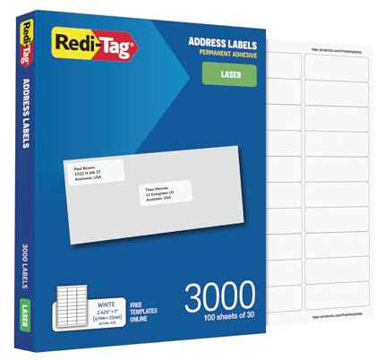 Redi-Tag Printable Address Labels, Customizable Stickers, 1 x 2-5/8, White, 3000 Blank Mailing and Shipping Labels, for Laser Printers Only (1009572)