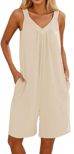 Jumpsuit dam 2-delat set lösa byxor kostym ärmlös v-ringad elegant overallklänning avslappnad sommarkläder lekdräkt två delar sommardräkt, BEIgE, XL