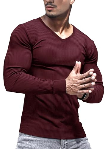 Lehmanlin Mens Slim Fit V Neck Long Sleeve Muscle T-Shirt Stretch Ribbing Undershirts Pullover Top Thermal Underwear (Red/XL)