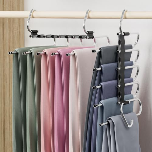 DAMITA Grucce Pantaloni Salvaspazio Appendiabiti Porta Pantaloni 2 Pezzo 5 in 1 Nero per Armadio Appendini Multifunzionali Nessuna Installazione Adatto per Donne e Uomini Jeans Sciarpe Vestiti