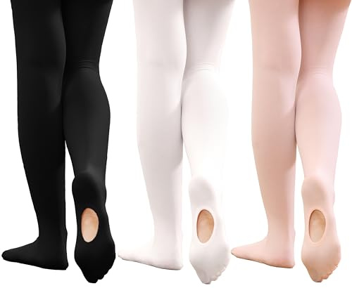 Hiltzo Girls Ballet Tights Convertible Dance Tights,Soft Stretchy Microfiber School Uniform Ballet Stockings for Kids, 70 Denier Strong Footed Pantyhose(10-15 Years,Black+White+Ballet Pink)