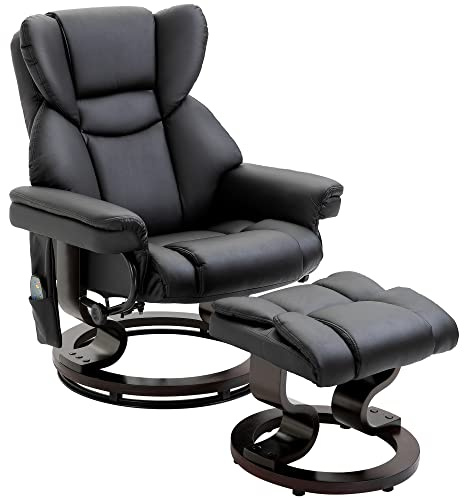 HOMCOM Poltrona Relax Elettrica con Pouf Poggiapiedi e Funzione Massaggio, Poltrona Reclinabile a 145° con Seduta Girevole a 360°, Rivestimento Finta Pelle, Nero