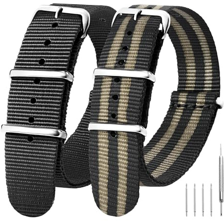 EACHE 20mm Watch Straps for Men, Pack of 2 Military Nylon Watch Straps with Silver Polished Buckle (Black + Black/Gray)