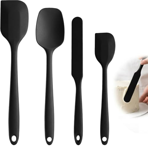 4 Pack Silicone Spatula Set, Non-Stick and Heat Resistant Kitchen Utensils, Seamless Rubber Spatulas for Cooking Mixing Baking Scraping, Batter Scraper Brush Silicone BPA-Free Tools, Black