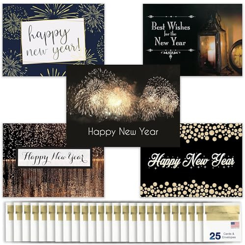 Happy New Years Cards with Gold Foil Envelopes for Business & Family (25 Pack - Variety) Bulk Greeting Card 2026 New Year Set (5x7 inch) Office, Work Employees & Clients (VP1505) Made in USA