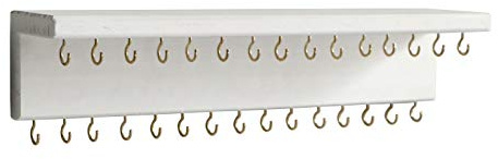 SANY DAYO HOME Jewelry Organizer with 30 Hooks and Cosmetics Shelf, 15 x 3 x 4 inches Wall Mounted Rustic Pine Wood Holder for Necklaces and Bracelets, Suitable for Kids and Adults (Retro White)