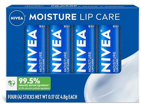NIVEA Moisture Lip Care, Hydrating Lip Balm with Shea Butter, Nourishing Oils and Vitamin C & E, 3-in-1 Moisture, Repair and Nourish, 0.17 Oz Stick, Pack of 4